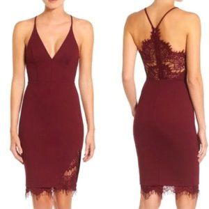 Sexy ASTR The Label Burgundy Lace Bodycon Midi Dress with Leg cut out detail